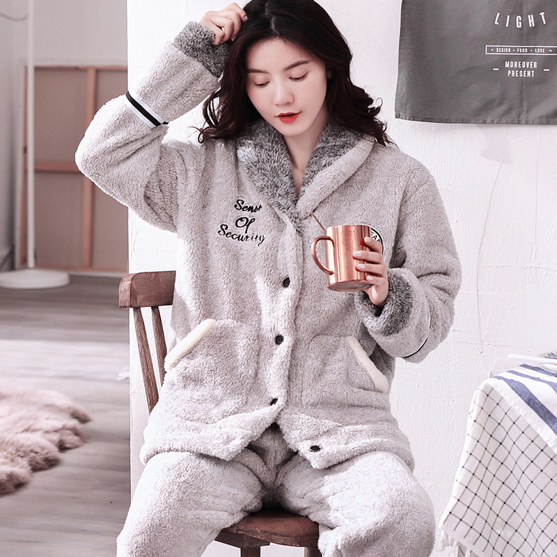 睡衣女秋冬季加厚珊瑚绒可外穿家居服冬天法兰绒可爱加绒毛毛套装