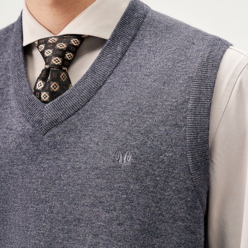 恒源祥羊毛背心马甲男100纯羊毛v领套头无袖毛衣中年纯色针织坎肩