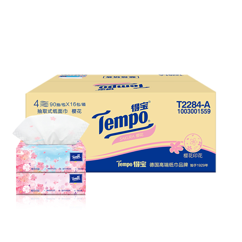 Tempo得宝樱花味抽纸4层90抽16包卫生纸 家用实惠装有香餐巾纸面巾纸卫生纸纸巾(整箱销售)(新旧包装交替发货)