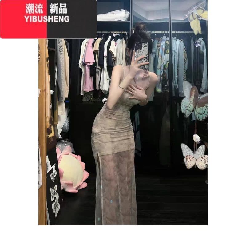 YIBUSHENG纯欲网纱碎花吊带连衣裙季辣妹气质开叉包臀裙紧身性感收腰长裙图片