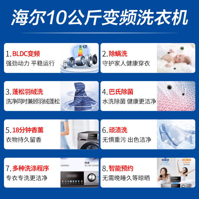 海尔(Haier)10KG全自动滚筒洗衣机一级变频家用大容量智能预约香薰巴氏除菌双喷淋筒自洁除螨洗EG100B08S