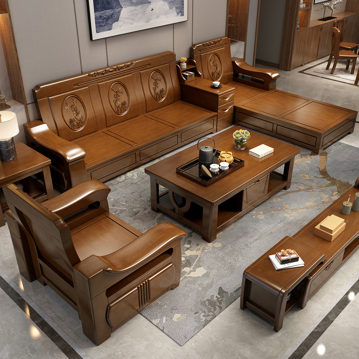 月影梳桐中式实木沙发组合现代客厅贵妃转角储物木沙发冬夏两用木质