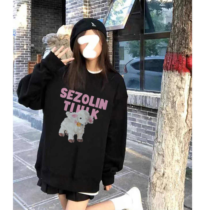 小羊印花纯棉圆领卫衣女秋季宽松甜酷奶系ins温柔风长袖上衣