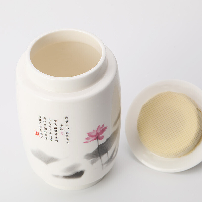 湖畔居 陶瓷茶杯茶叶罐礼盒套装 陶瓷杯茶水分离杯泡茶器精美礼盒旅行茶具商务礼品映月观荷HCJ22111高清大图
