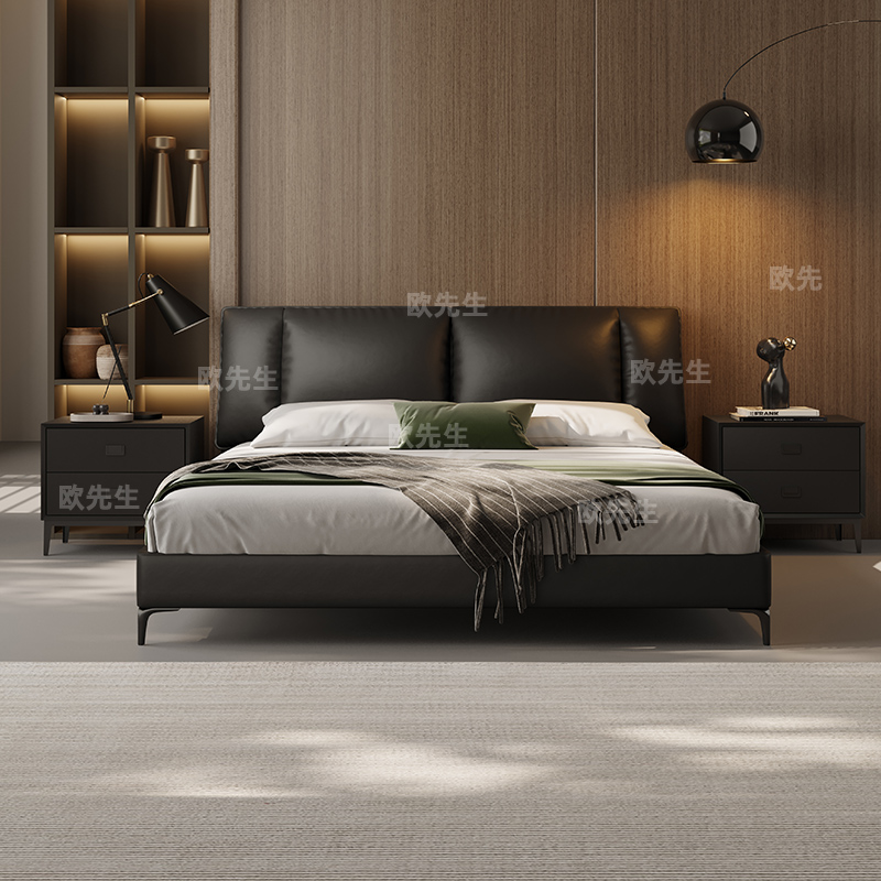 比翼床双靠包头层牛皮床主卧次卧双人大床实木真皮极简婚床高清大图