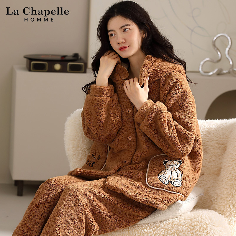 拉夏贝尔homme冬珊瑚绒睡衣女可爱卡通保暖加绒家居服0714-ybn