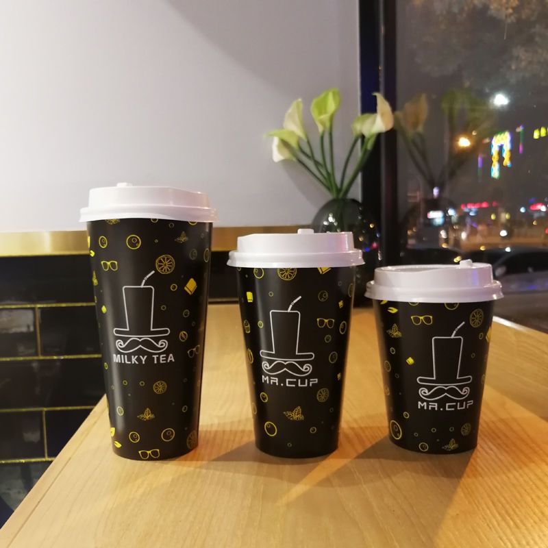 网红奶茶杯带盖一次性纸杯咖啡杯商用外带打包杯豆浆杯热饮杯家用|500毫升杯先生 不带盖100个