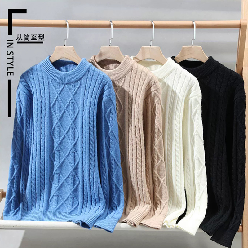 啄木鸟2025秋新款白色圆领绞花毛衣男士冬季大码针织打底衫线衣绞高清大图