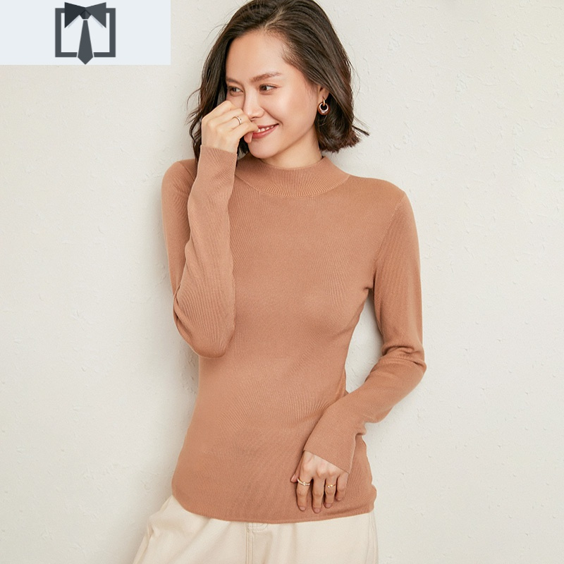 suntek棉线洋气毛衣女半高领紧身针织衫修身丝光棉长袖打底毛衣