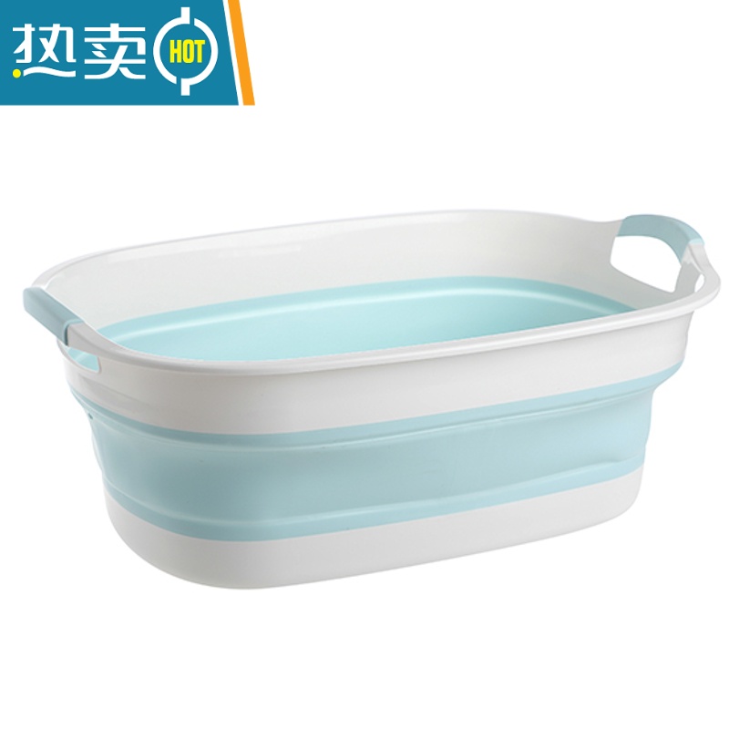 JING PING特大号可折叠洗衣盆 多功能儿童洗澡盆 家用洗脚盆长方形塑料盆子 蓝色大容量折叠盆厚实手柄