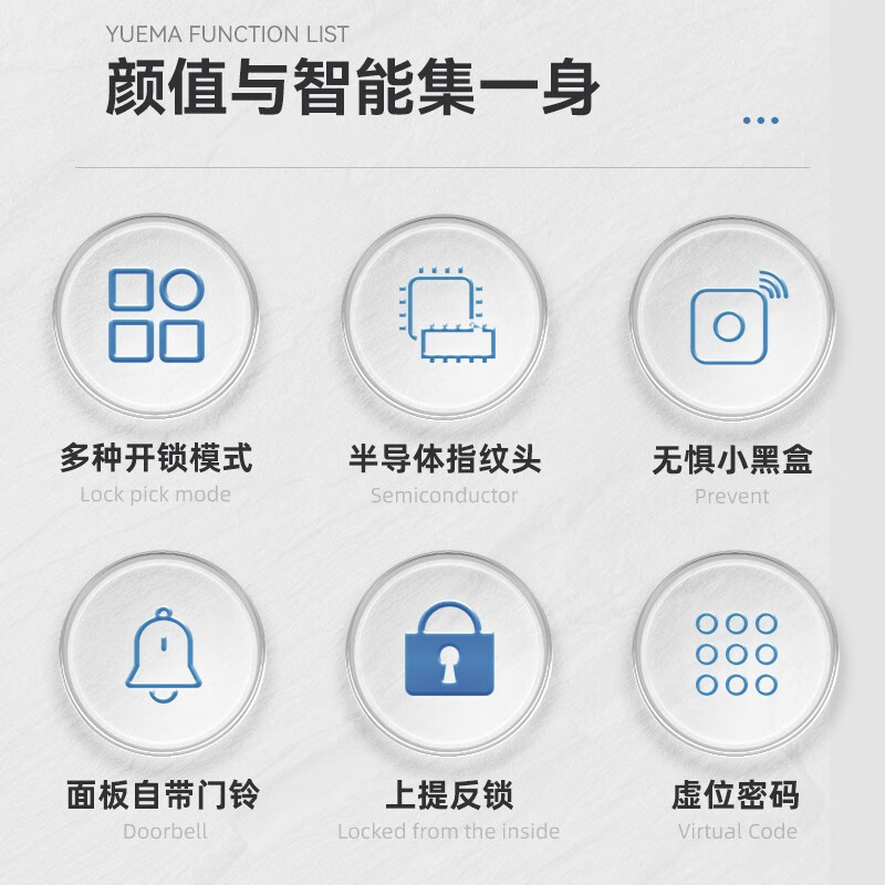 玥玛X7黑色亮面一握开指纹锁家用半自动密码锁入户防盗门电子门锁卡片解锁临时密码出租屋公寓