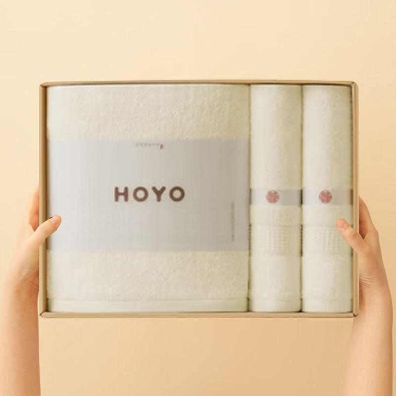 HOYO毛浴套装3502防尘塑封不掉毛臻品长绒棉礼盒3件套乳白高清大图