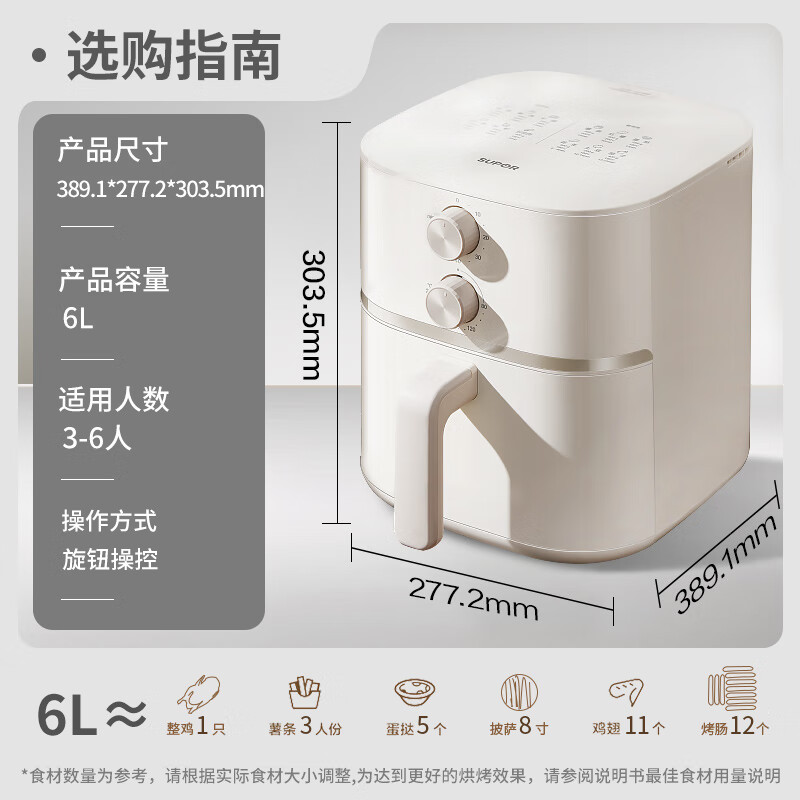 苏泊尔(SUPOR)空气炸锅 家用大容量6L易用旋钮 多功能低脂 蒸汽嫩炸 KJ60D813高清大图