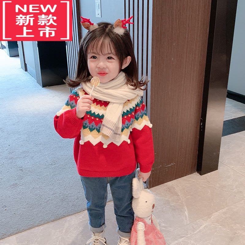 可莉允女童圣诞毛衣2022新款儿童洋气红色加绒加厚打底衫宝宝冬装针织衫图片