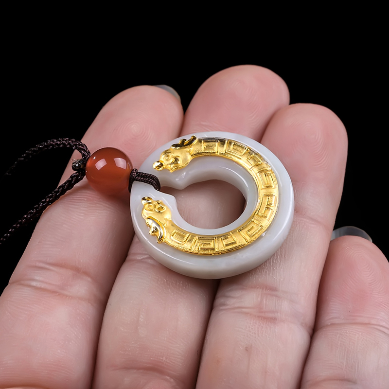 翡翠双龙头挂件平安扣坠男女款金镶玉项链坠饰送女朋友七夕情人节礼物