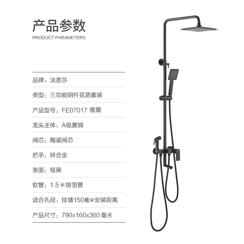 法恩莎卫浴淋浴龙头套装精铜雅黑可升降方形大顶喷带增压喷枪花洒FE07017雅黑