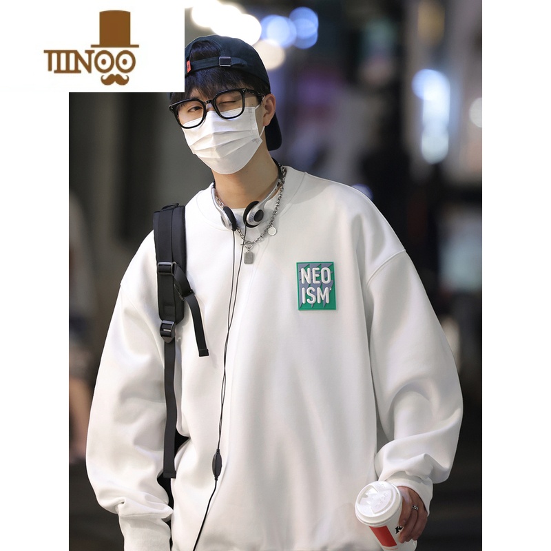 YANXU秋季oversize胸前字母圆领卫衣男士情侣美式宽松百搭上衣 白色 2XL