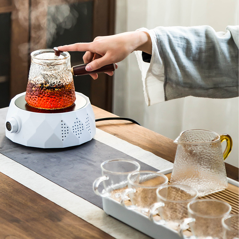 电陶炉煮茶玻璃茶壶家用日式抖音茶具烧水壶煮茶器泡茶煮茶炉套装 几何》黑色电陶炉+圆形蒸侧把壶