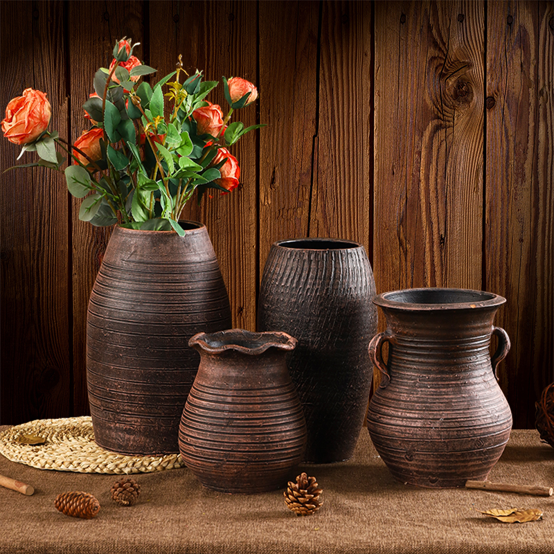 中式复古陶罐花瓶插花器花盆家居土培干花客厅装饰摆件仿古土陶高清大图