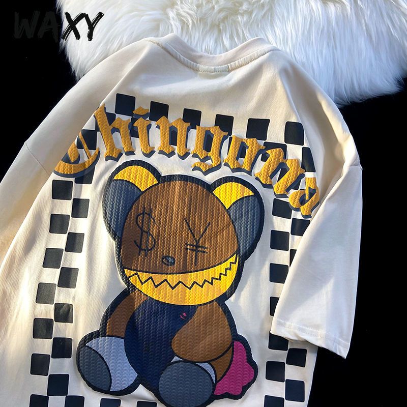 WAXY纯棉t恤男可爱小熊印花嘻哈oversize宽松运动半袖衣服男装ins