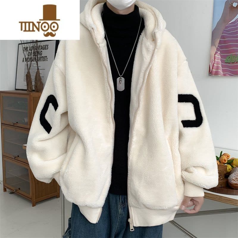 YANXU连帽羔绒外套男高街嘻哈宽松oversize休闲开衫棉衣夹克图片