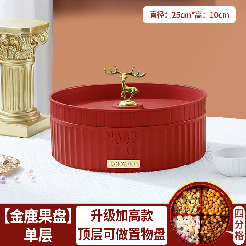 圣诞结婚喜糖礼盒果盘家用摆桌客厅茶几干果盘糖果盒收纳零食盒 【圣诞礼盒红】单层果盘