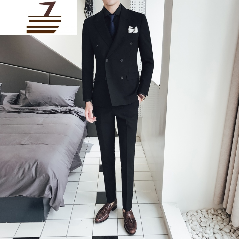 newlake韩国修身双排扣西装男套装职业正装韩版修身西服新郎伴郎结婚