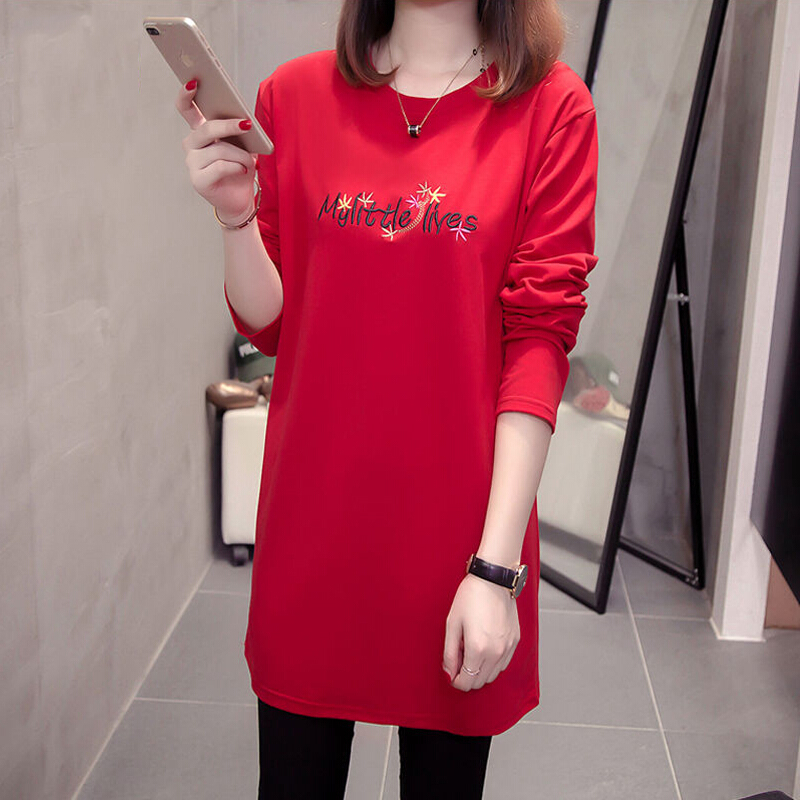 迪鲁奥(DILUAO)孕妇长袖春秋季孕妇装宽松大码遮肚显瘦中长款长袖上衣时尚圆领休闲绣花怀孕期秋装外穿长衫