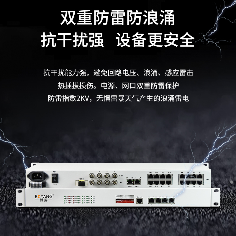 博扬 综合业务电话光端机 4路E1+16电话2百兆物理隔离2千兆物理隔离网 BY-4E1-16P2FV2GV-40KM
