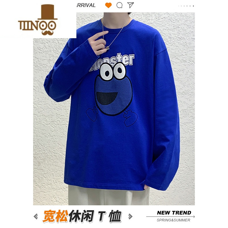 YANXU长袖t恤男士春季潮牌印花宽松运动上衣款男生潮流休闲打底衫
