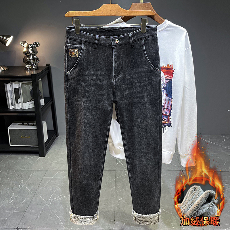 雪狐绒加绒牛仔裤男柔软一体绒修身弹力保暖厚款男裤高端高清大图