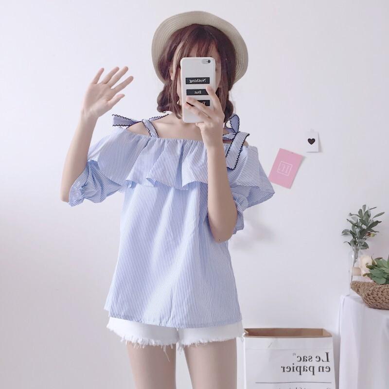 夏装甜美日系少女荷叶边一字领带露肩衬衫泡泡袖甜美可爱上衣女
