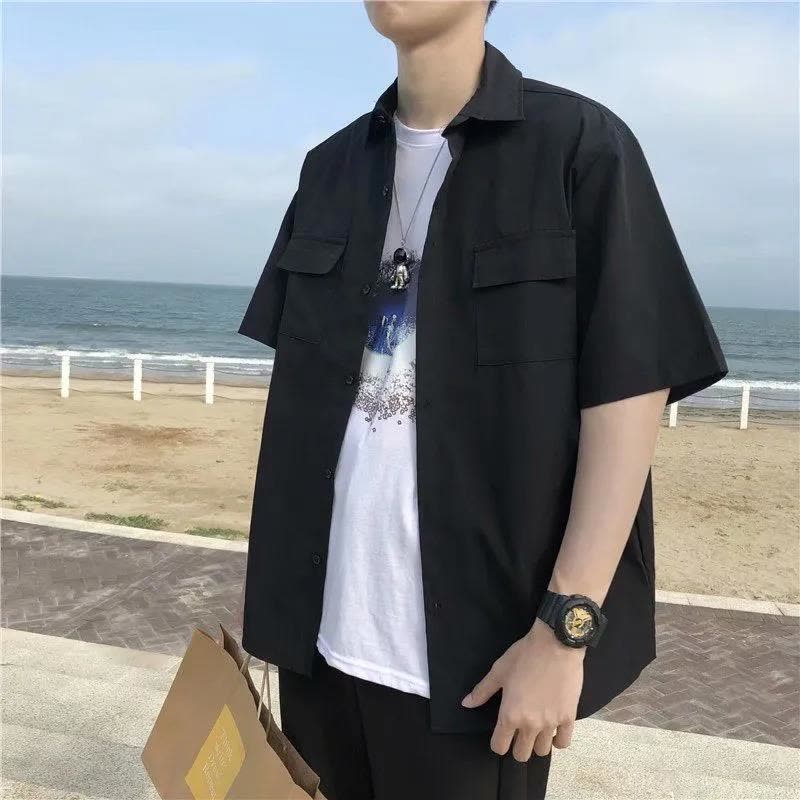 港风ins衬衫男短袖韩版纯色工装衬衣潮流夏季薄款五分半袖日 莎丞图片