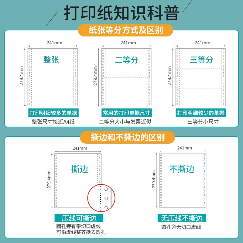 乐活天章 针式打印纸 一联二等分不撕边电脑打印纸 全白一联打印纸(241-1-1/2 全白 1000页/箱)