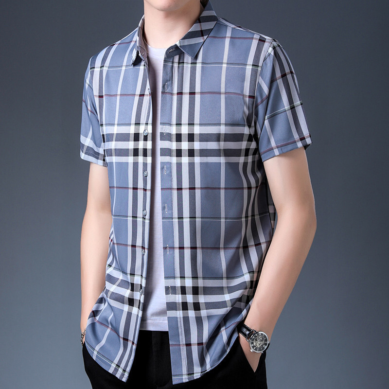 梵克公牛短袖衬衫男修身爸爸装衬衣2020年夏季格纹帅气简约男士纯色