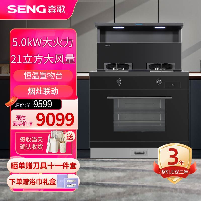 [新品]森歌(SENG)集成灶D8ZK-1蒸烤一体灶变频电机 21立方大吸力抽油烟机燃气灶家用厨房灶具[天然气右排烟]
