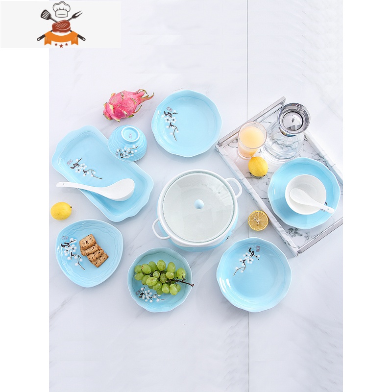 碗碟套装家用4-6人简约创意吃饭碗盘筷子组合陶瓷汤面碗欧式餐具 敬平 蓝色梅花23件套配双耳煲高清大图