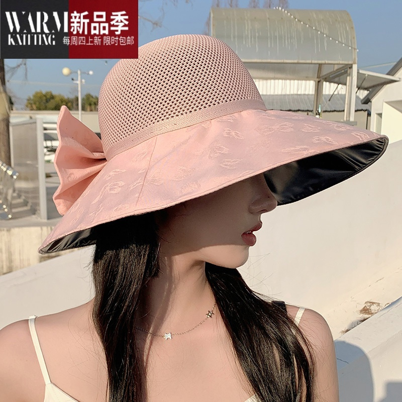 shanchao遮阳帽子女夏季新款可折叠海边出游沙滩蝴蝶结遮脸大檐渔夫帽