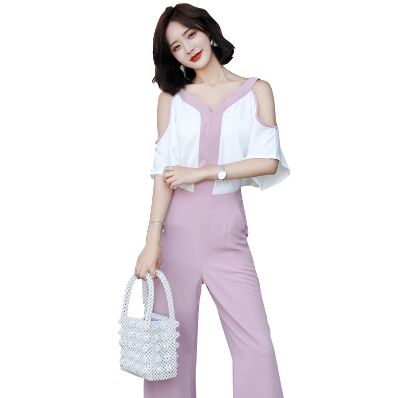 小个子阔腿裤套装女夏女士新品韩版宽松露肩上衣高腰显瘦九分裤潮