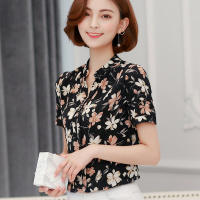 情娇婷(QINGJIAOTING)短袖衬衫女2021夏装新品韩版雪纺衫女士碎花小衫遮肚子修身显瘦上衣
