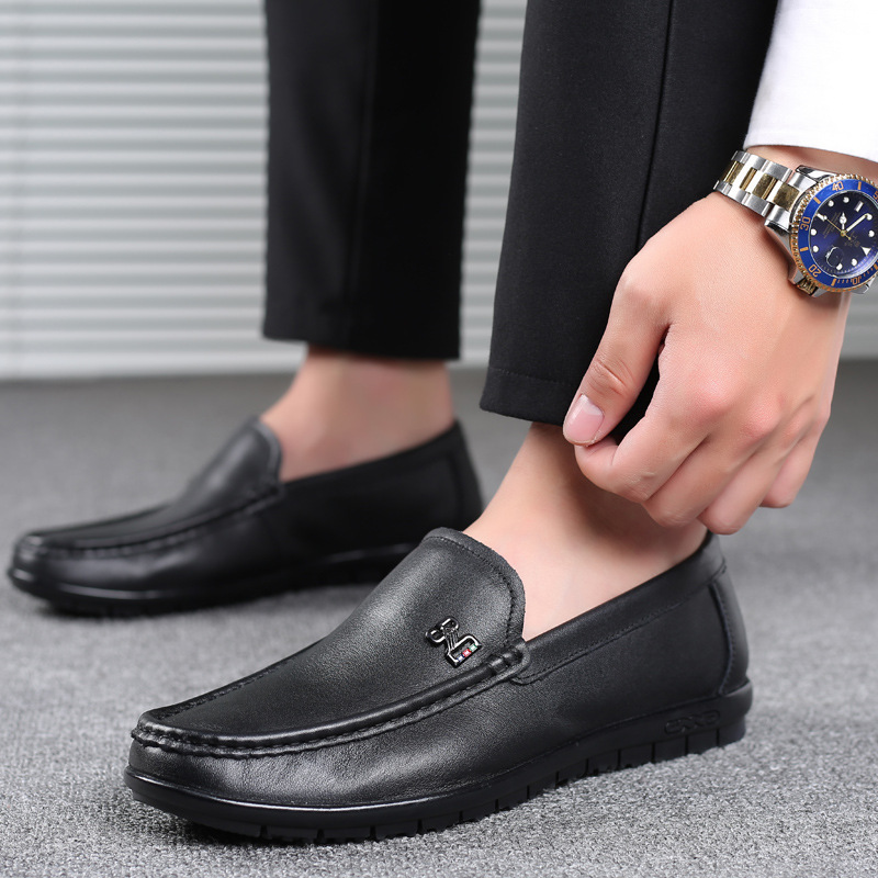 新款豆豆鞋男夏季真皮透气爸爸鞋一脚蹬软底男鞋休闲皮鞋