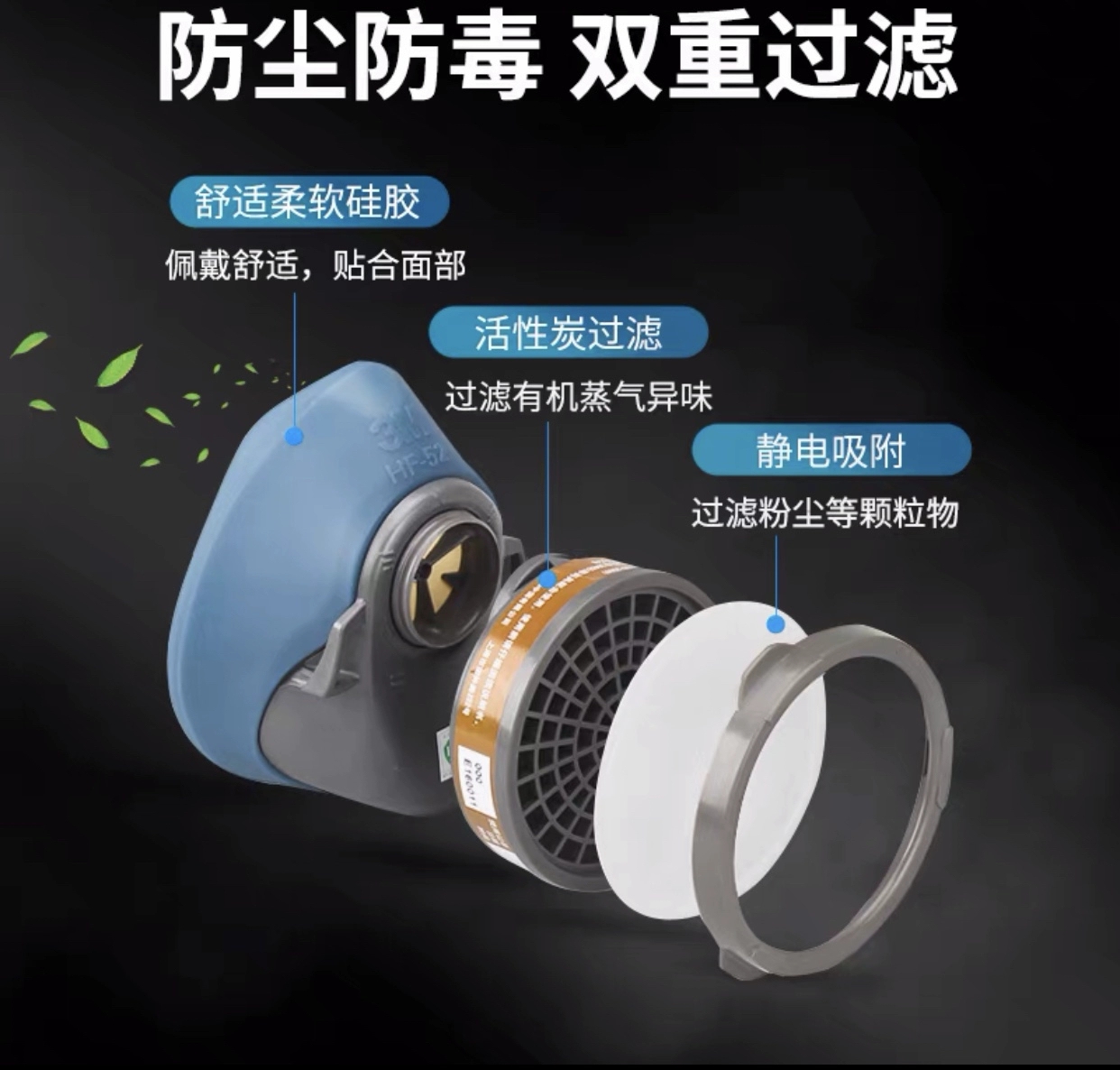 3M硅胶HF-52防毒面具防粉尘打药装修甲醛喷漆异味油漆面罩高清大图