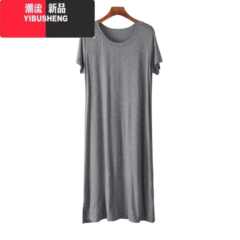 YIBUSHENG莫代尔圆领连衣裙女中长款开叉短袖T恤裙宽松打底裙大码休闲裙 深灰色 M80-100斤
