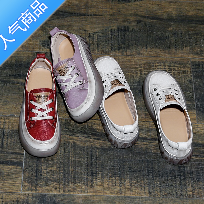 SUNTEK头层小白鞋女2023春夏新款复古休闲平底鞋百搭一脚蹬软底板鞋高清大图