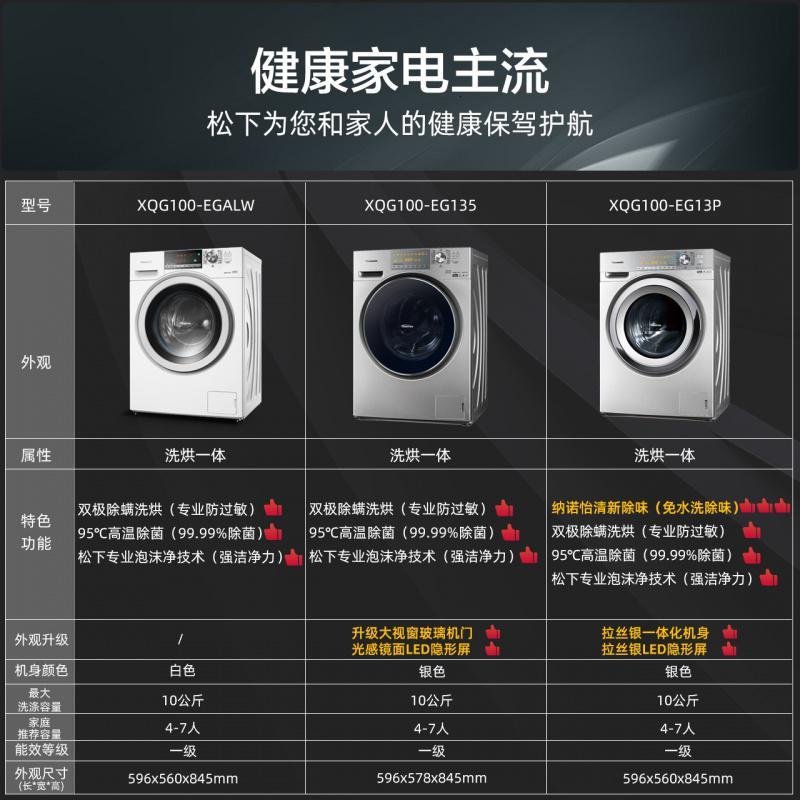 Panasonic/松下10公斤纳诺怡全自动家用洗烘一体滚筒洗衣机 EG13P