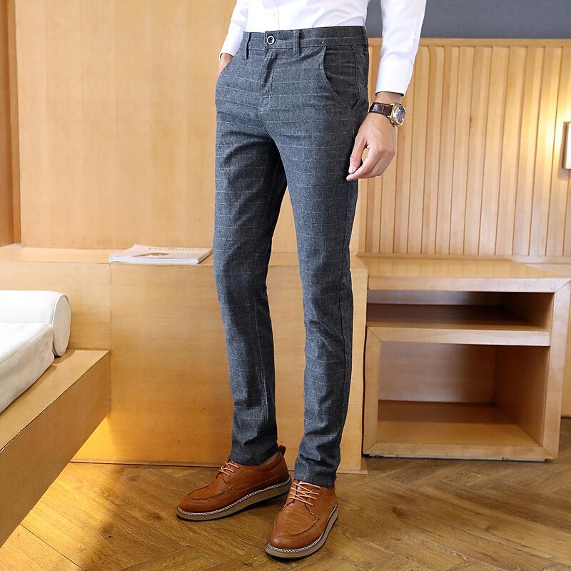 男裤2018春季新款男士休闲裤男春秋款格子长裤直筒修身韩版裤子潮