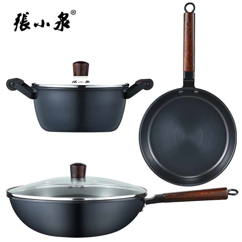 张小泉 古风系列精铁锅具三件套 C35490100 配置:汤锅22cm、煎锅24cm、炒锅32cm