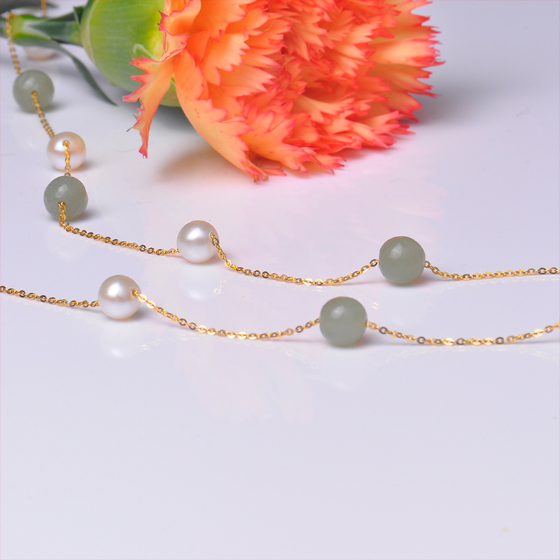 梦克拉 18k金淡水珍珠和田玉项链 仲夏夜 满天星 毛衣链 多圈手链 一款多戴高清大图