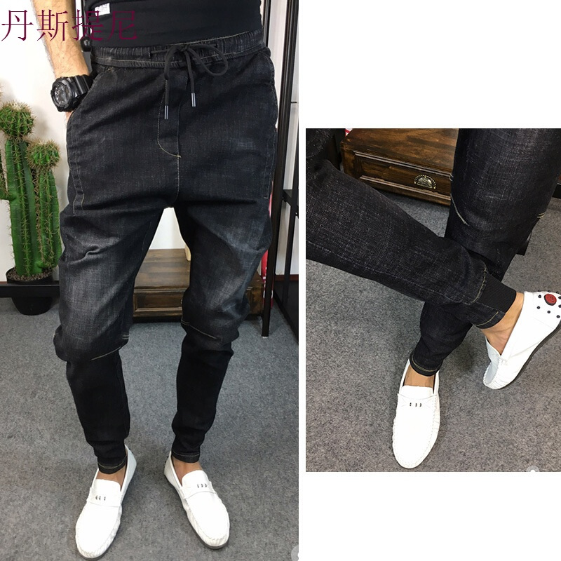 潮男快手红人吴迪刘叉叉同款男士秋冬牛仔小脚长裤修身情侣牛仔裤黑色