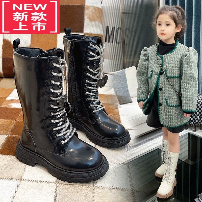 可莉允女童靴子2022新款秋冬款加绒长靴中大童英伦风长筒靴女款高筒皮靴图片